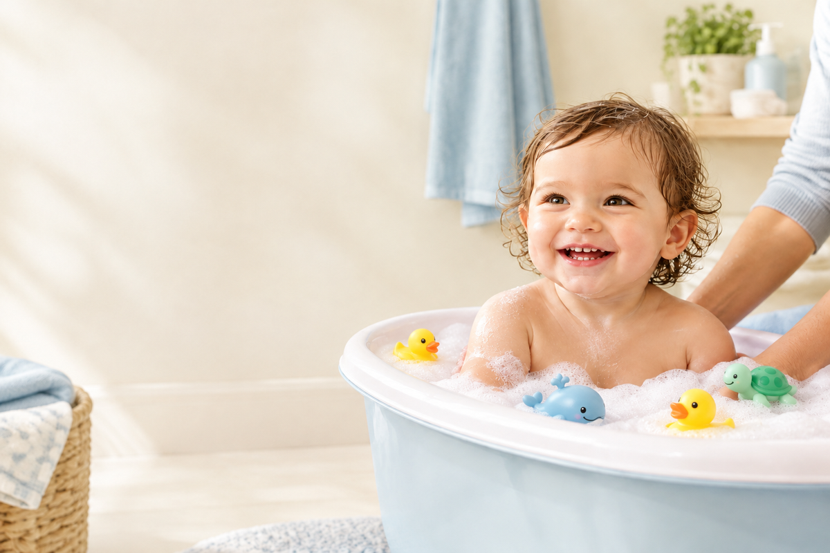 Colorful baby bath toys in a bright, clean bathtub